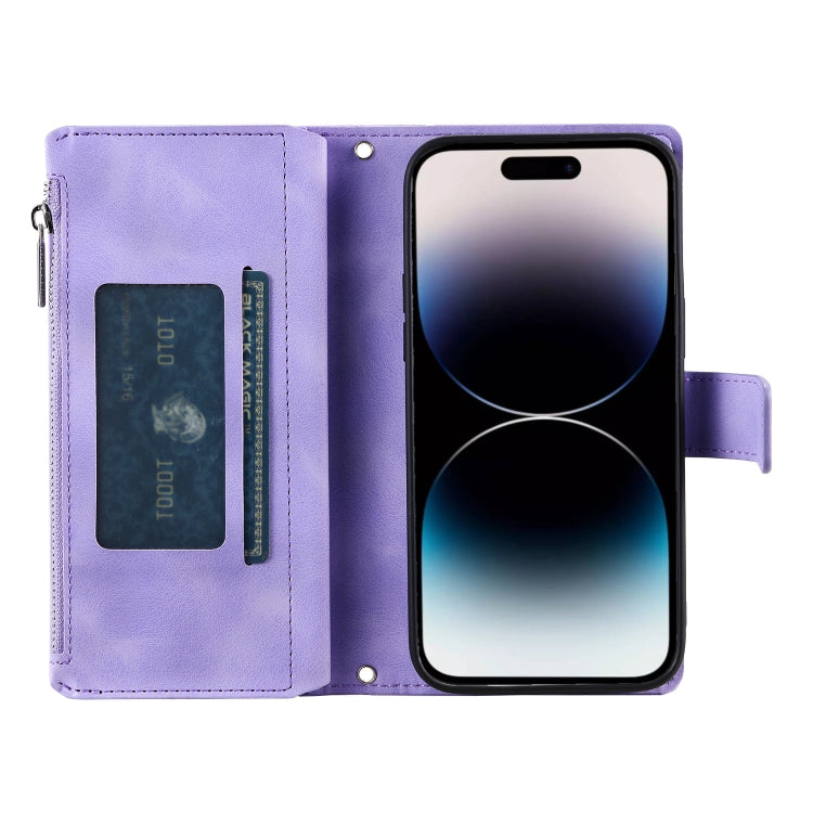 For iPhone 16 Plus Multi-Card Totem Zipper Leather Phone Case(Purple) - iPhone 16 Plus Cases by buy2fix | Online Shopping UK | buy2fix