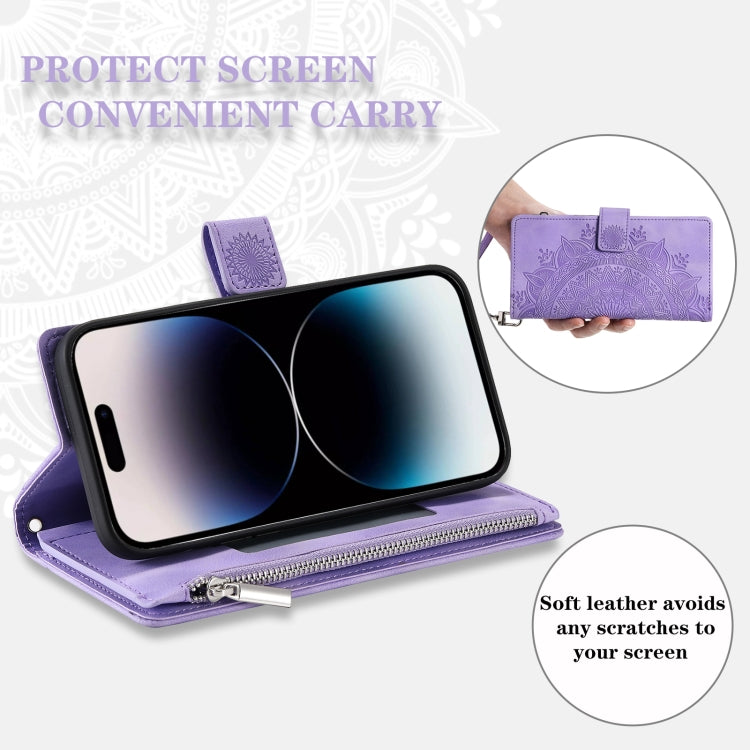 For iPhone 16 Plus Multi-Card Totem Zipper Leather Phone Case(Purple) - iPhone 16 Plus Cases by buy2fix | Online Shopping UK | buy2fix