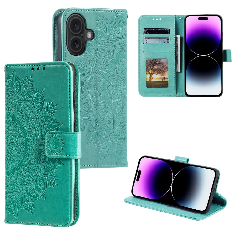 For iPhone 16 Plus Totem Flower Embossed Leather Phone Case(Green) - iPhone 16 Plus Cases by buy2fix | Online Shopping UK | buy2fix