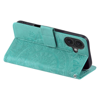 For iPhone 16 Plus Totem Flower Embossed Leather Phone Case(Green) - iPhone 16 Plus Cases by buy2fix | Online Shopping UK | buy2fix