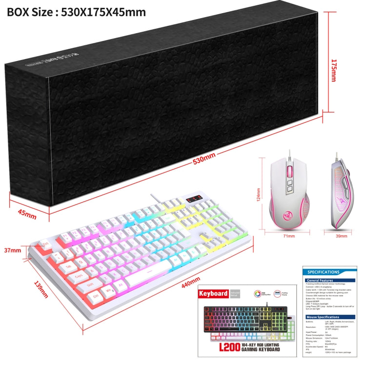 HXSJ L200+X100 Wired RGB Backlit Keyboard and Mouse Set 104 Pudding Key Caps + 3600DPI Mouse(White) - Wired Keyboard by HXSJ | Online Shopping UK | buy2fix