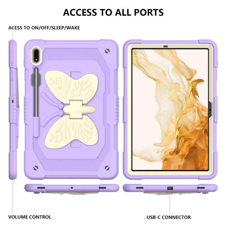 For Samsung Galaxy Tab S9 Butterfly Kickstand Heavy Duty Hard Rugged Tablet Case(Beige+Raro Purple) - Galaxy Tab S9 Cases by buy2fix | Online Shopping UK | buy2fix