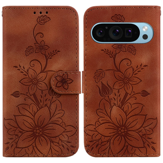 For Google Pixel 9 Pro Lily Embossed Leather Phone Case(Brown) - Google Cases by buy2fix | Online Shopping UK | buy2fix