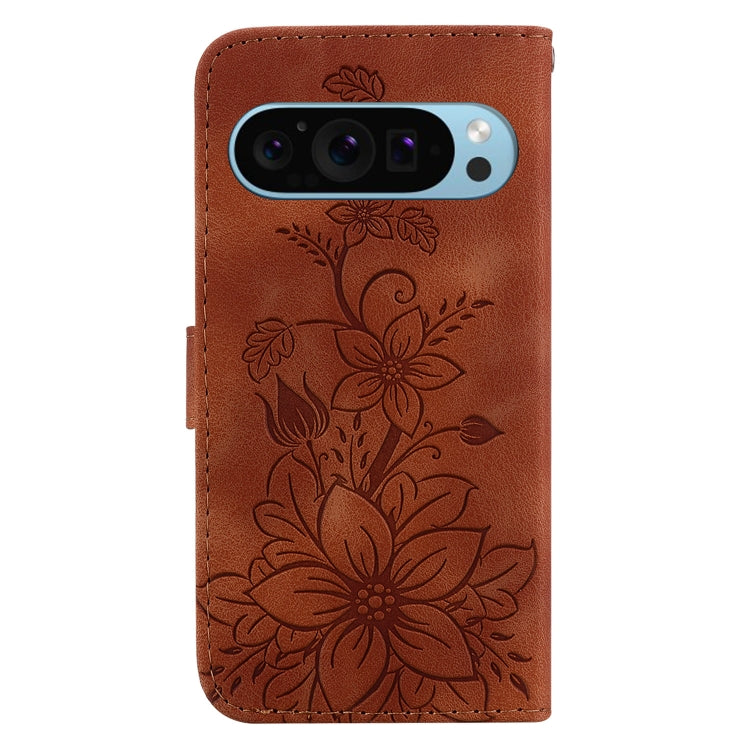 For Google Pixel 9 Pro Lily Embossed Leather Phone Case(Brown) - Google Cases by buy2fix | Online Shopping UK | buy2fix