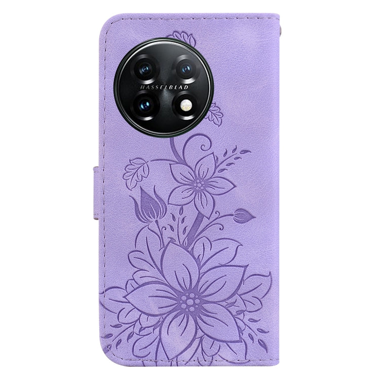 For OnePlus 11 Lily Embossed Leather Phone Case(Purple) - OnePlus Cases by buy2fix | Online Shopping UK | buy2fix