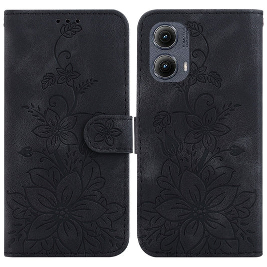 For Motorola Edge 2024 Lily Embossed Leather Phone Case(Black) - Motorola Cases by buy2fix | Online Shopping UK | buy2fix