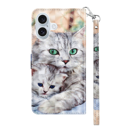 For iPhone 16 Plus 3D Painted Leather Phone Case(Two Loving Cats) - iPhone 16 Plus Cases by buy2fix | Online Shopping UK | buy2fix