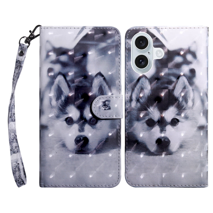 For iPhone 16 Plus 3D Painted Leather Phone Case(Husky) - iPhone 16 Plus Cases by buy2fix | Online Shopping UK | buy2fix