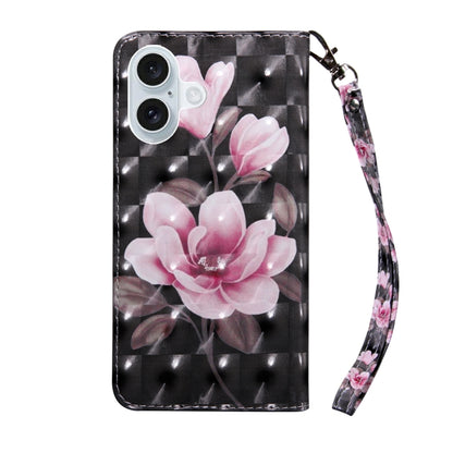 For iPhone 16 Plus 3D Painted Leather Phone Case(Pink Flower) - iPhone 16 Plus Cases by buy2fix | Online Shopping UK | buy2fix