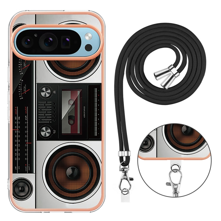 For Google Pixel 9 / 9 Pro Electroplating Dual-side IMD Phone Case with Lanyard(Retro Radio) - Google Cases by buy2fix | Online Shopping UK | buy2fix