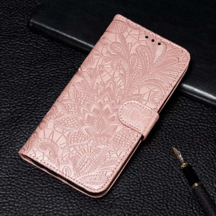 For iPhone 16 Lace Flower Embossing Flip Leather Phone Case(Rose Gold) - iPhone 16 Cases by buy2fix | Online Shopping UK | buy2fix