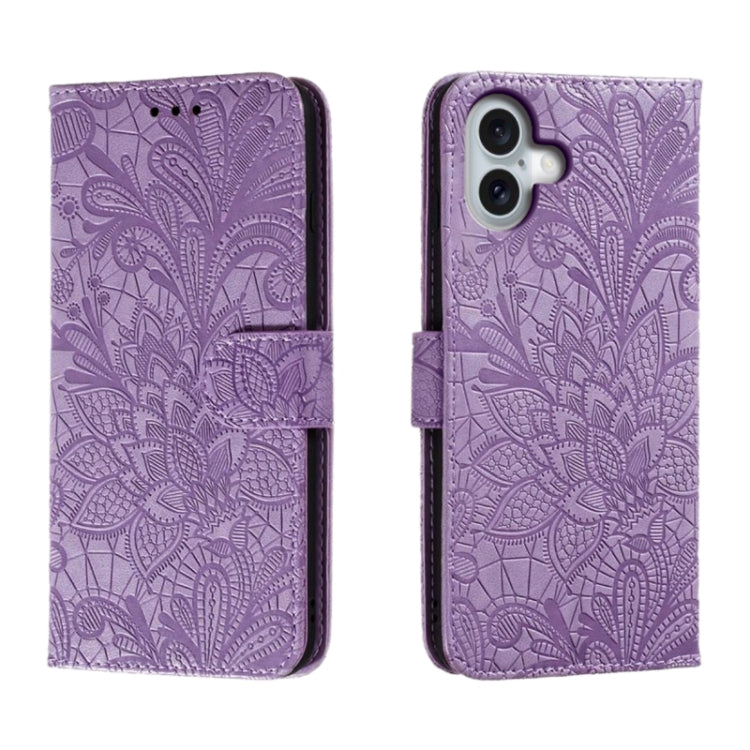 For iPhone 16 Plus Lace Flower Embossing Flip Leather Phone Case(Purple) - iPhone 16 Plus Cases by buy2fix | Online Shopping UK | buy2fix