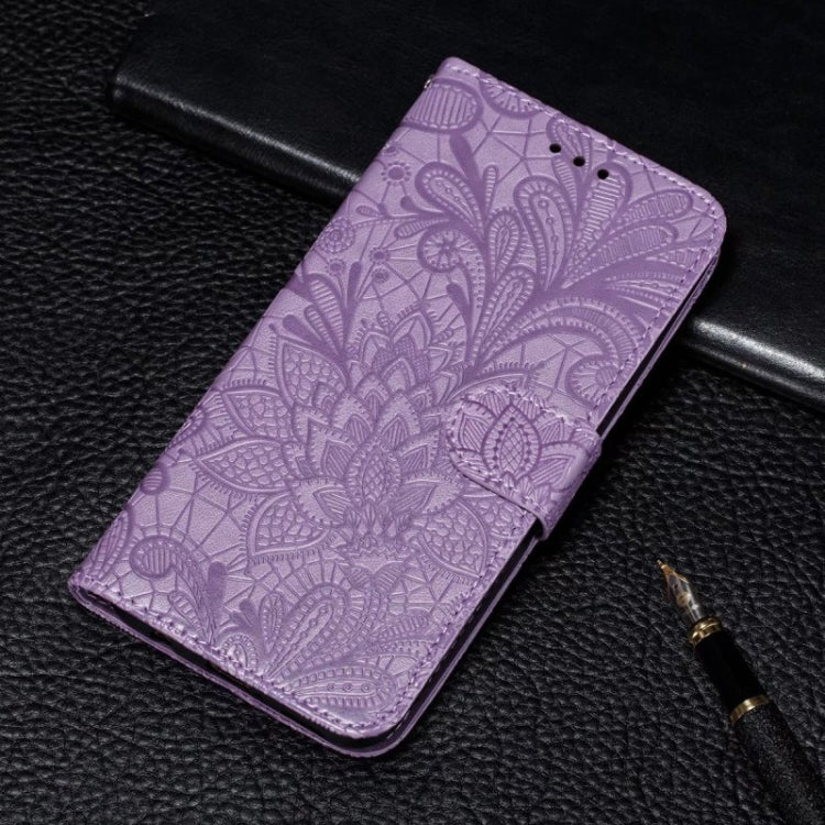 For iPhone 16 Pro Lace Flower Embossing Flip Leather Phone Case(Purple) - iPhone 16 Pro Cases by buy2fix | Online Shopping UK | buy2fix