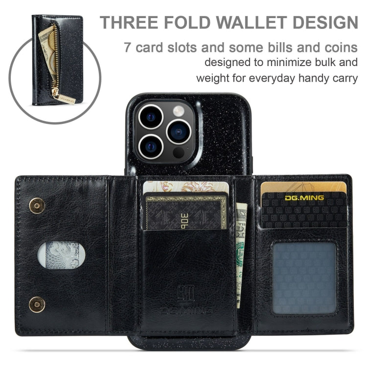 For iPhone 15 Pro DG.MING M3 Series Glitter Powder Card Bag Leather Phone Case(Black) - iPhone 15 Pro Cases by DG.MING | Online Shopping UK | buy2fix