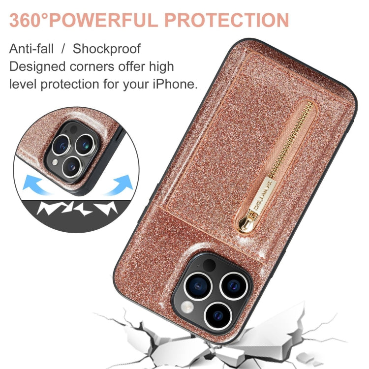 For iPhone 15 Pro Max DG.MING M3 Series Glitter Powder Card Bag Leather Phone Case(Rose Gold) - iPhone 15 Pro Max Cases by DG.MING | Online Shopping UK | buy2fix