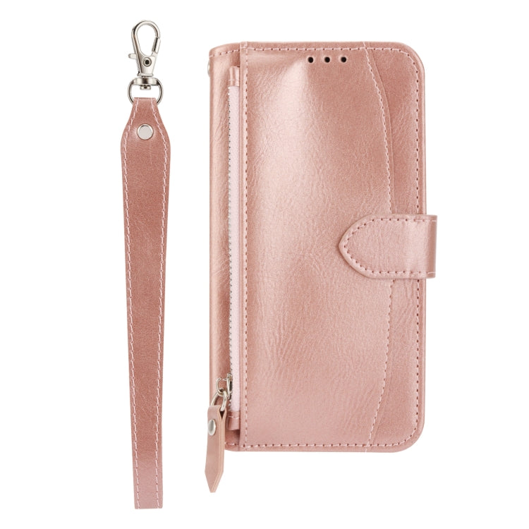 For iPhone 16 Oil Skin Zipper Wallet Leather Phone Case(Rose Gold) - iPhone 16 Cases by buy2fix | Online Shopping UK | buy2fix