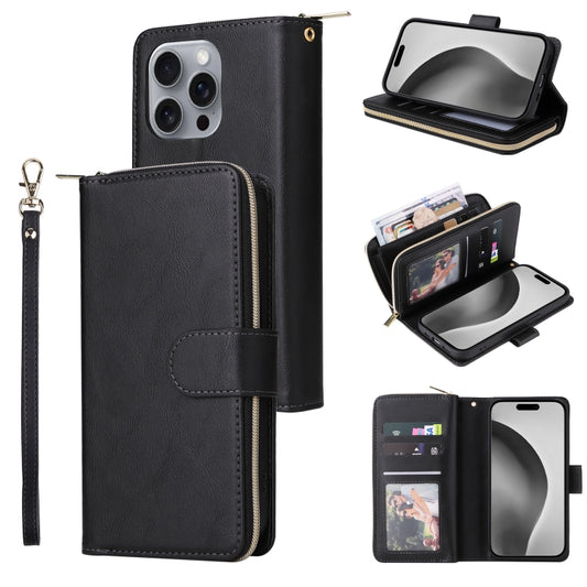 For iPhone 16 Pro Max 9 Card Slots Zipper Wallet Bag Leather Phone Case(Black) - iPhone 16 Pro Max Cases by buy2fix | Online Shopping UK | buy2fix