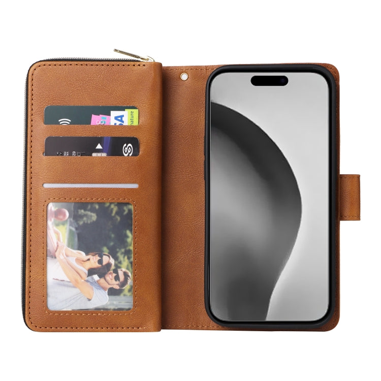 For iPhone 16 Pro Max 9 Card Slots Zipper Wallet Bag Leather Phone Case(Brown) - iPhone 16 Pro Max Cases by buy2fix | Online Shopping UK | buy2fix