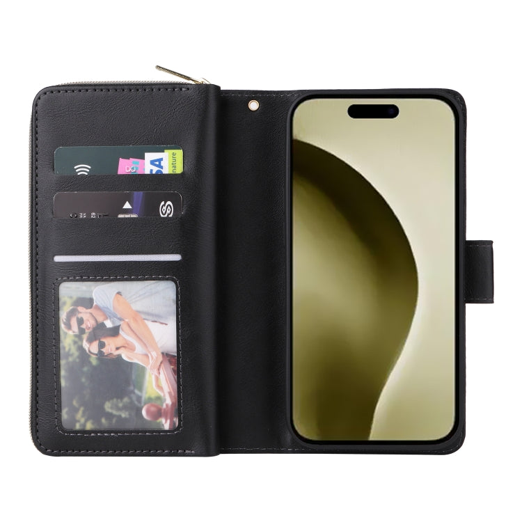 For iPhone 16 Pro 9 Card Slots Zipper Wallet Bag Leather Phone Case(Black) - iPhone 16 Pro Cases by buy2fix | Online Shopping UK | buy2fix