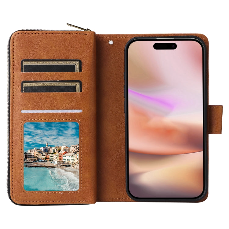 For iPhone 16 Plus 9 Card Slots Zipper Wallet Bag Leather Phone Case(Brown) - iPhone 16 Plus Cases by buy2fix | Online Shopping UK | buy2fix