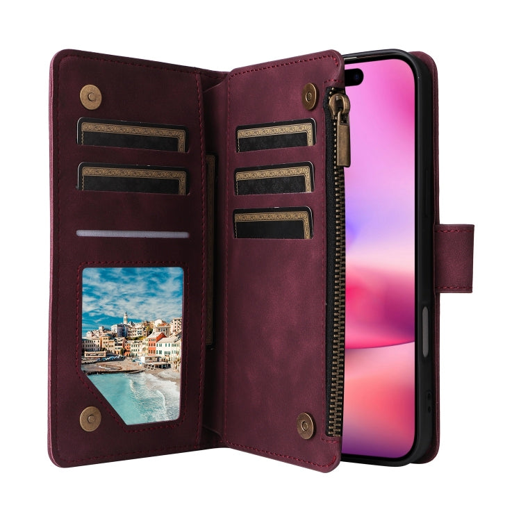 For iPhone 16 Crossbody Multi-card Slot Wallet Zipper Leather Phone Case(Wine Red) - iPhone 16 Cases by buy2fix | Online Shopping UK | buy2fix