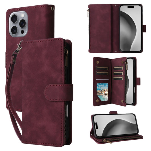 For iPhone 16 Pro Crossbody Multi-card Slot Wallet Zipper Leather Phone Case(Wine Red) - iPhone 16 Pro Cases by buy2fix | Online Shopping UK | buy2fix