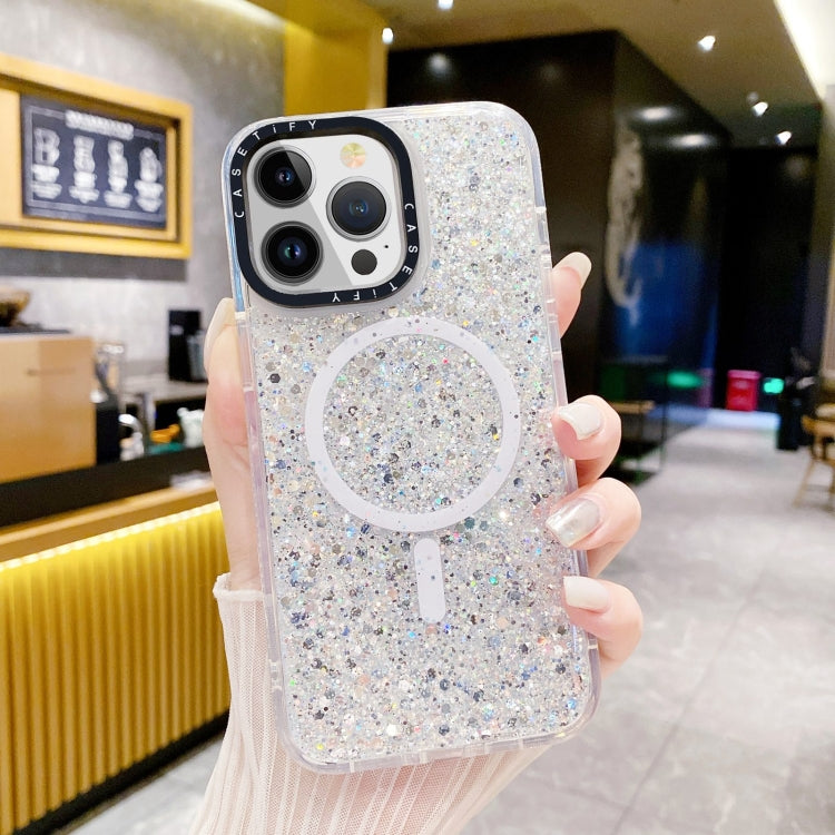 For iPhone 15 Pro Gold Armor MagSafe Glitter Epoxy Phone Case(White) - iPhone 15 Pro Cases by buy2fix | Online Shopping UK | buy2fix