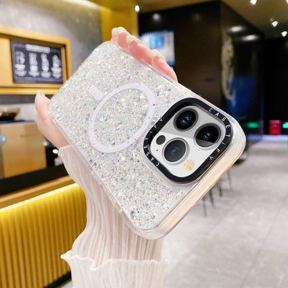 For iPhone 15 Pro Gold Armor MagSafe Glitter Epoxy Phone Case(White) - iPhone 15 Pro Cases by buy2fix | Online Shopping UK | buy2fix