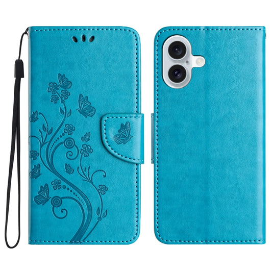 For iPhone 16 Plus Butterfly Flower Pattern Flip Leather Phone Case(Blue) - iPhone 16 Plus Cases by buy2fix | Online Shopping UK | buy2fix