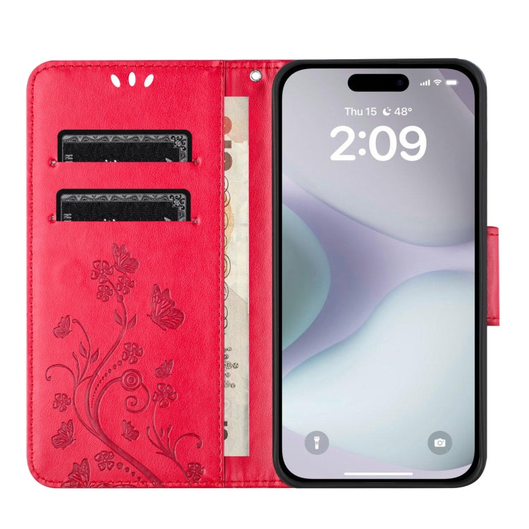 For iPhone 16 Plus Butterfly Flower Pattern Flip Leather Phone Case(Red) - iPhone 16 Plus Cases by buy2fix | Online Shopping UK | buy2fix