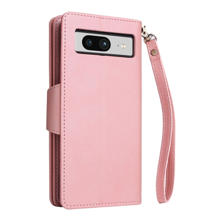 For Google Pixel 8 Rivet Buckle 9 Cards Three Fold Leather Phone Case(Rose Gold) - Google Cases by buy2fix | Online Shopping UK | buy2fix