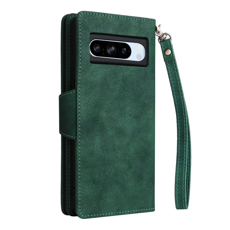 For Google Pixel 8a Rivet Buckle 9 Cards Three Fold Leather Phone Case(Green) - Google Cases by buy2fix | Online Shopping UK | buy2fix