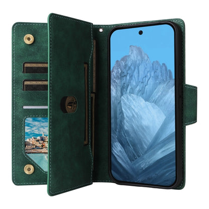 For Google Pixel 9 Rivet Buckle 9 Cards Three Fold Leather Phone Case(Green) - Google Cases by buy2fix | Online Shopping UK | buy2fix