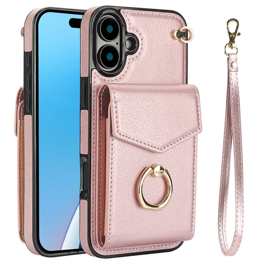 For iPhone 16 Plus Ring Holder RFID Card Slot Phone Case(Rose Gold) - iPhone 16 Plus Cases by buy2fix | Online Shopping UK | buy2fix