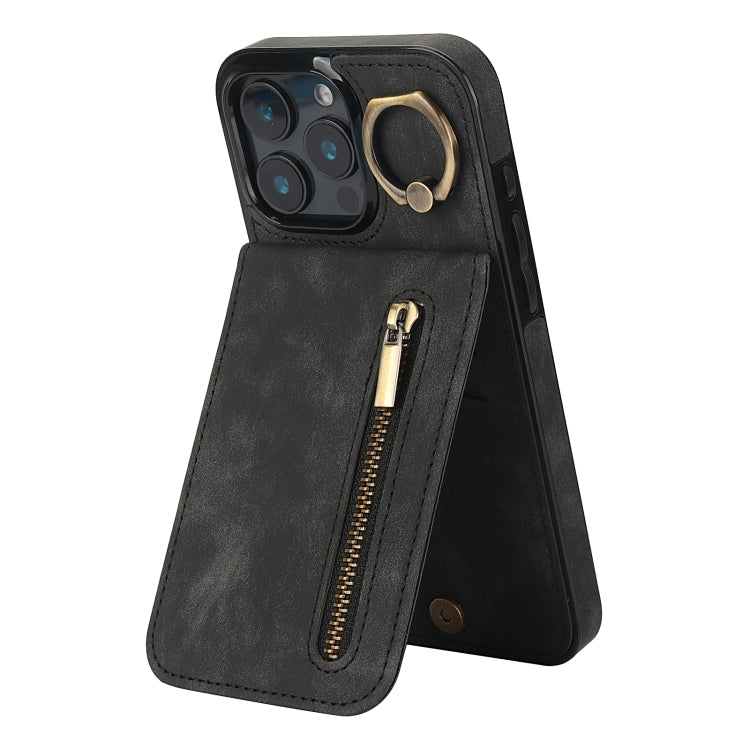 For iPhone 16 Pro Retro Ring and Zipper RFID Card Slot Phone Case(Black) - iPhone 16 Pro Cases by buy2fix | Online Shopping UK | buy2fix