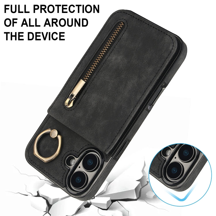 For iPhone 16 Retro Ring and Zipper RFID Card Slot Phone Case(Black) - iPhone 16 Cases by buy2fix | Online Shopping UK | buy2fix