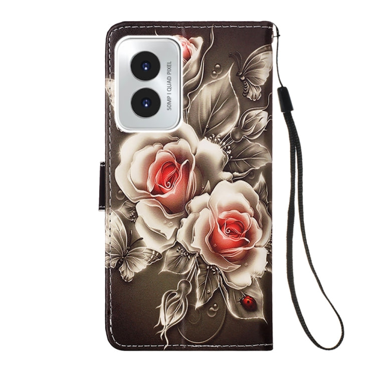 For Motorola Moto G Play 4G 2024 Colored Drawing Pattern Plain Weave Leather Phone Case(Roses On Black) - Motorola Cases by buy2fix | Online Shopping UK | buy2fix