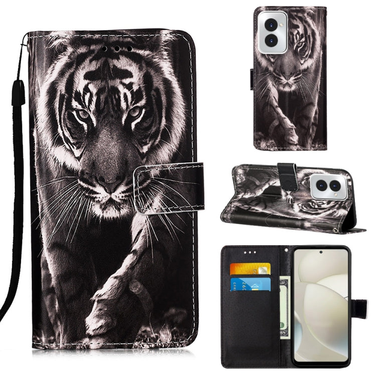 For Motorola Moto G Power 5G 2024 Colored Drawing Pattern Plain Weave Leather Phone Case(Black And White Tiger) - Motorola Cases by buy2fix | Online Shopping UK | buy2fix