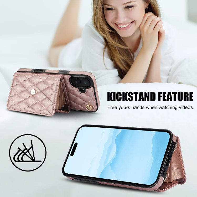 For iPhone 16 Crossbody Rhombic Horizontal Wallet Leather Phone Case(Rose Gold) - iPhone 16 Cases by buy2fix | Online Shopping UK | buy2fix