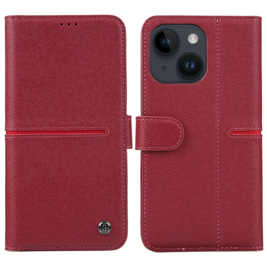 For iPhone 15 GEBEI Top-grain Horizontal Flip Leather Phone Case(Wine Red) - iPhone 15 Cases by GEBEI | Online Shopping UK | buy2fix