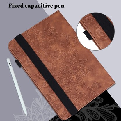 For Samsung Galaxy Tab S9 Lace Flower Embossing Pattern PU Tablet Case(Brown) - Galaxy Tab S9 Cases by buy2fix | Online Shopping UK | buy2fix