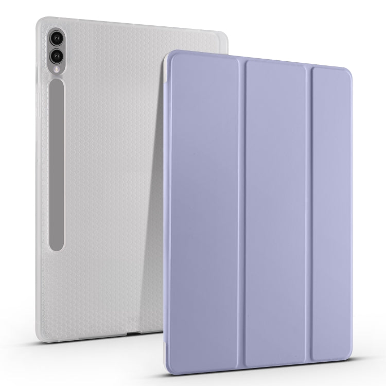 For Samsung Galaxy Tab S9+ 3-folding Transparent TPU Smart Leather Tablet Case with Pen Slot(Lavender) - Galaxy Tab S9+ Cases by buy2fix | Online Shopping UK | buy2fix