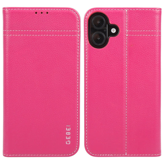 For iPhone 16 GEBEI Top-grain Horizontal Flip Leather Phone Case(Rose Red) - iPhone 16 Cases by GEBEI | Online Shopping UK | buy2fix