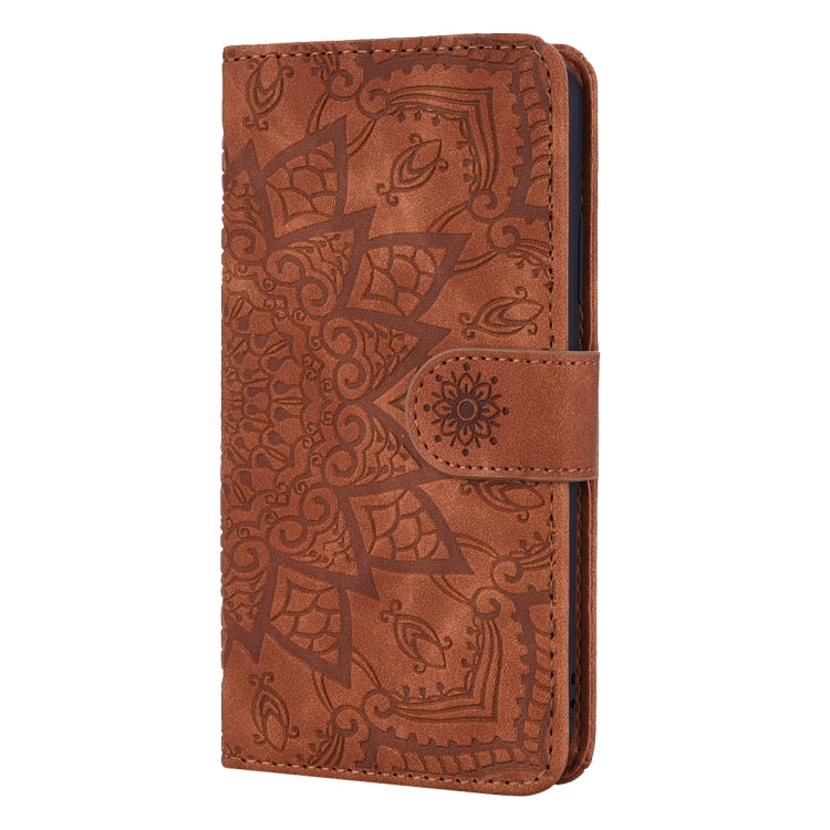 For iPhone 16 Plus Mandala Embossed Dual-Fold Calf Leather Phone Case(Brown) - iPhone 16 Plus Cases by buy2fix | Online Shopping UK | buy2fix