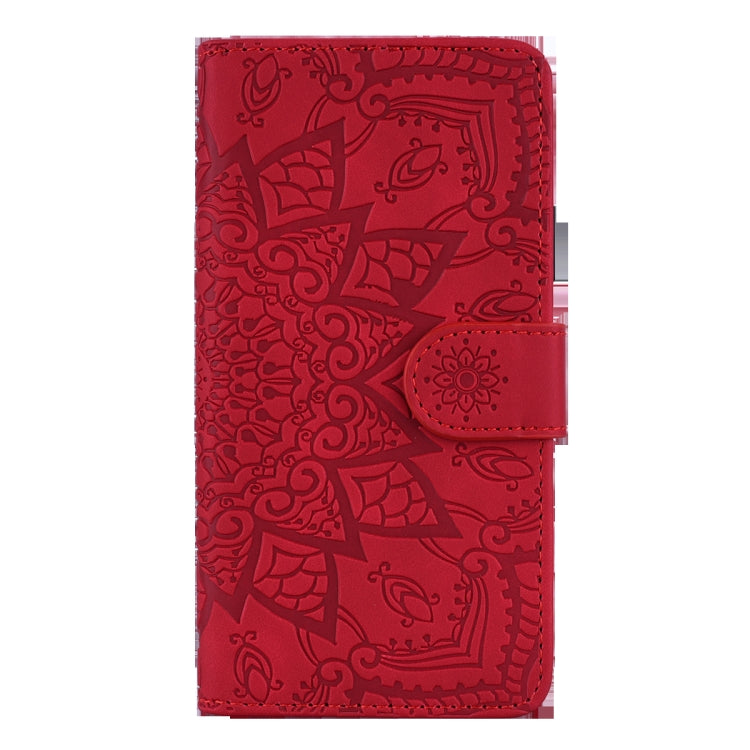 For iPhone 16 Plus Mandala Embossed Dual-Fold Calf Leather Phone Case(Red) - iPhone 16 Plus Cases by buy2fix | Online Shopping UK | buy2fix