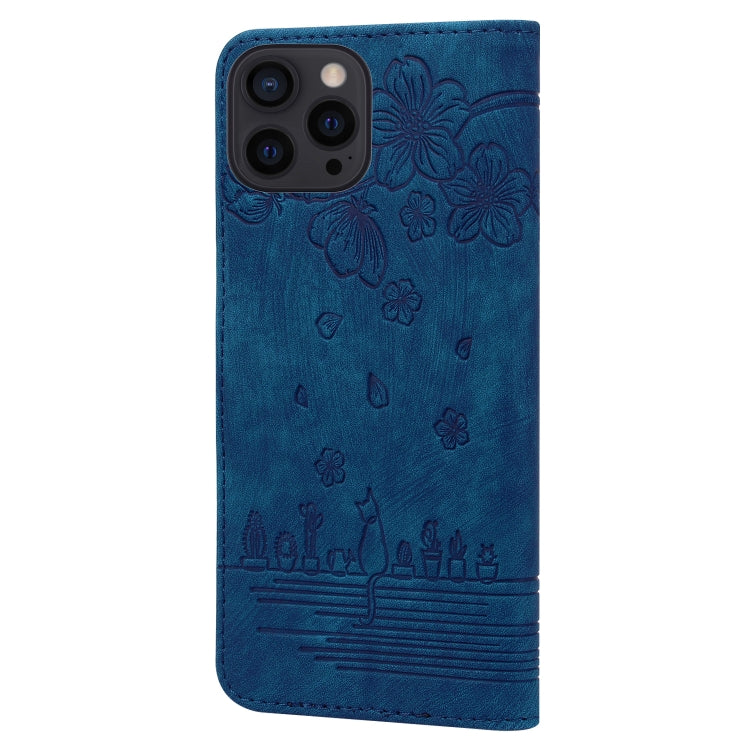 For iPhone 16 Pro Max Cartoon Sakura Cat Embossed Leather Phone Case(Royal Blue) - iPhone 16 Pro Max Cases by buy2fix | Online Shopping UK | buy2fix