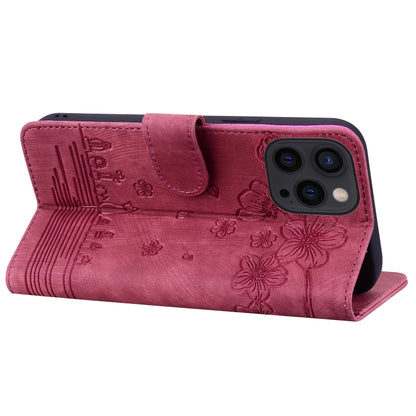 For iPhone 16 Pro Cartoon Sakura Cat Embossed Leather Phone Case(Wine Red) - iPhone 16 Pro Cases by buy2fix | Online Shopping UK | buy2fix