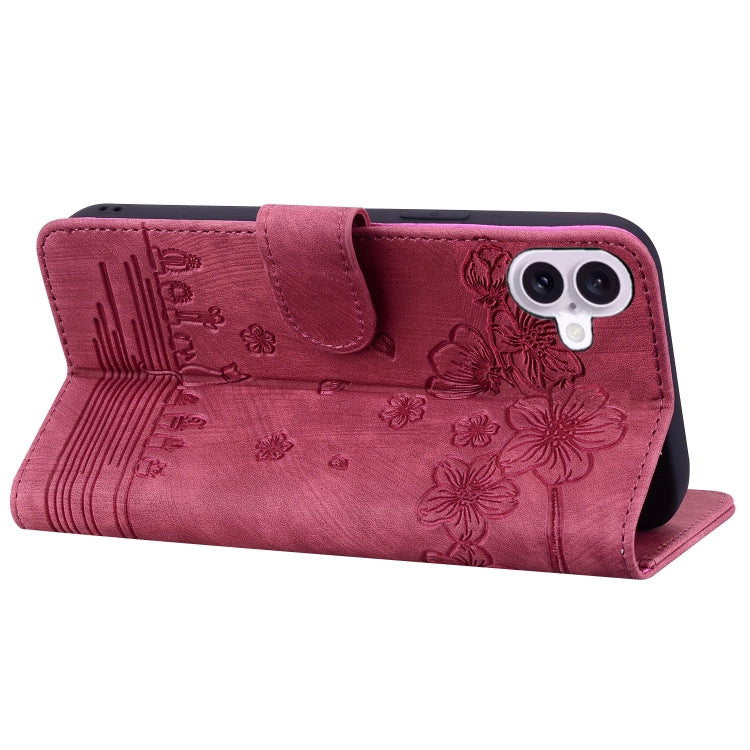 For iPhone 16 Plus Cartoon Sakura Cat Embossed Leather Phone Case(Wine Red) - iPhone 16 Plus Cases by buy2fix | Online Shopping UK | buy2fix