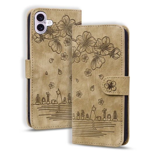 For iPhone 16 Cartoon Sakura Cat Embossed Leather Phone Case(Brown) - iPhone 16 Cases by buy2fix | Online Shopping UK | buy2fix