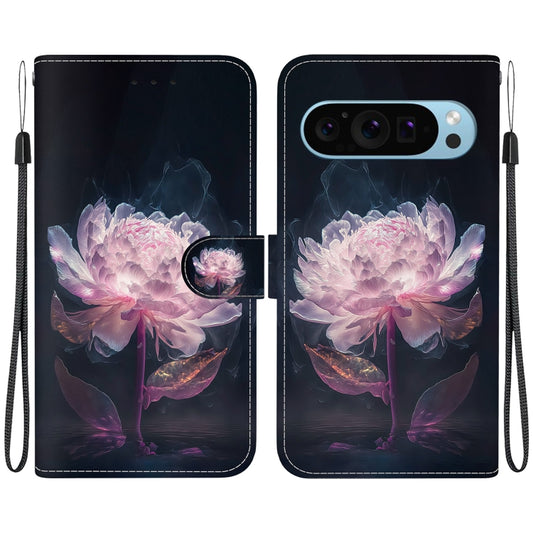 For Google Pixel 9 Pro Crystal Texture Colored Drawing Leather Phone Case(Purple Peony) - Google Cases by buy2fix | Online Shopping UK | buy2fix